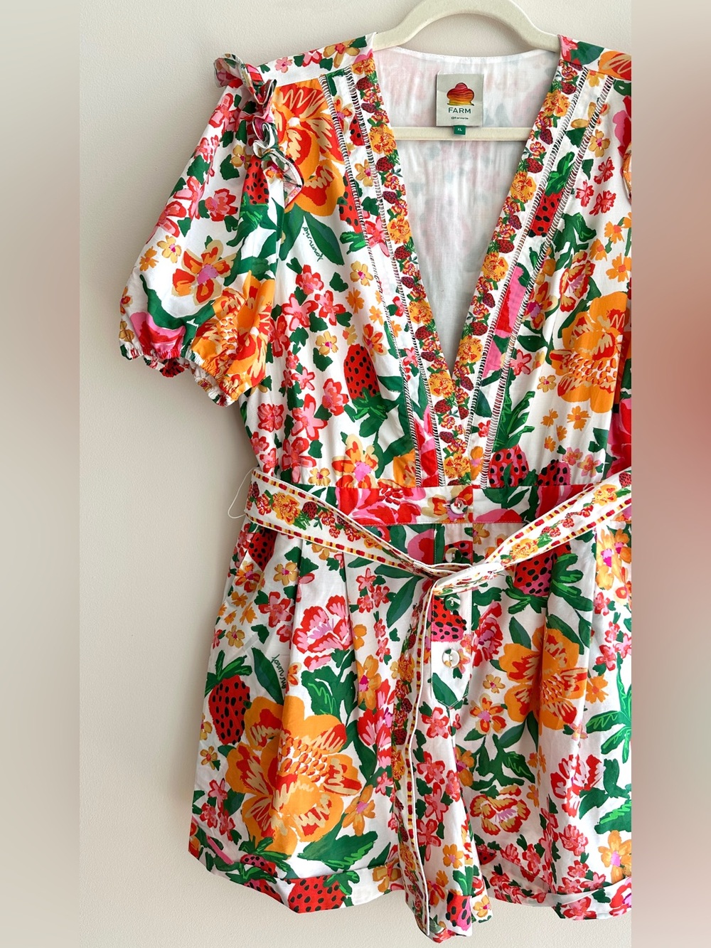 Farm Rio Flowerful Sketch Romper, Size XL, Summer Strawberry Print - Picture 7 of 16